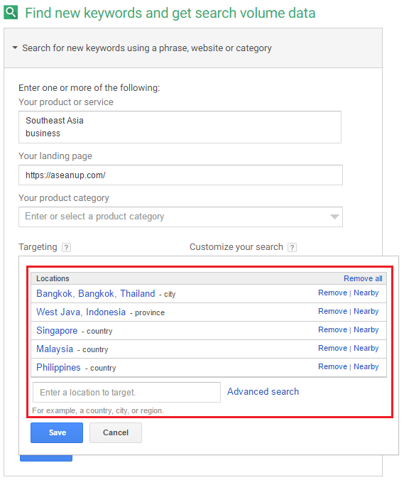 Targeting market in Keyword Planner