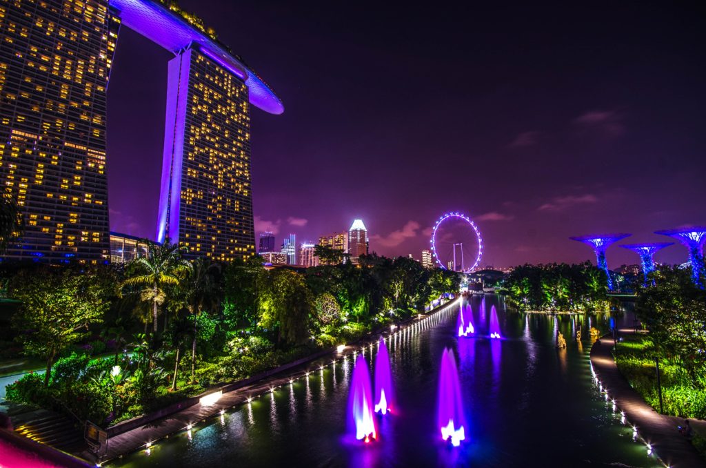 Marina Bay Sands and gardens in purple lights