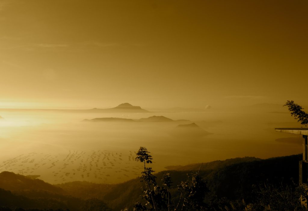 mountains in fog