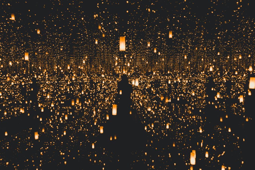 Flying lanterns at night