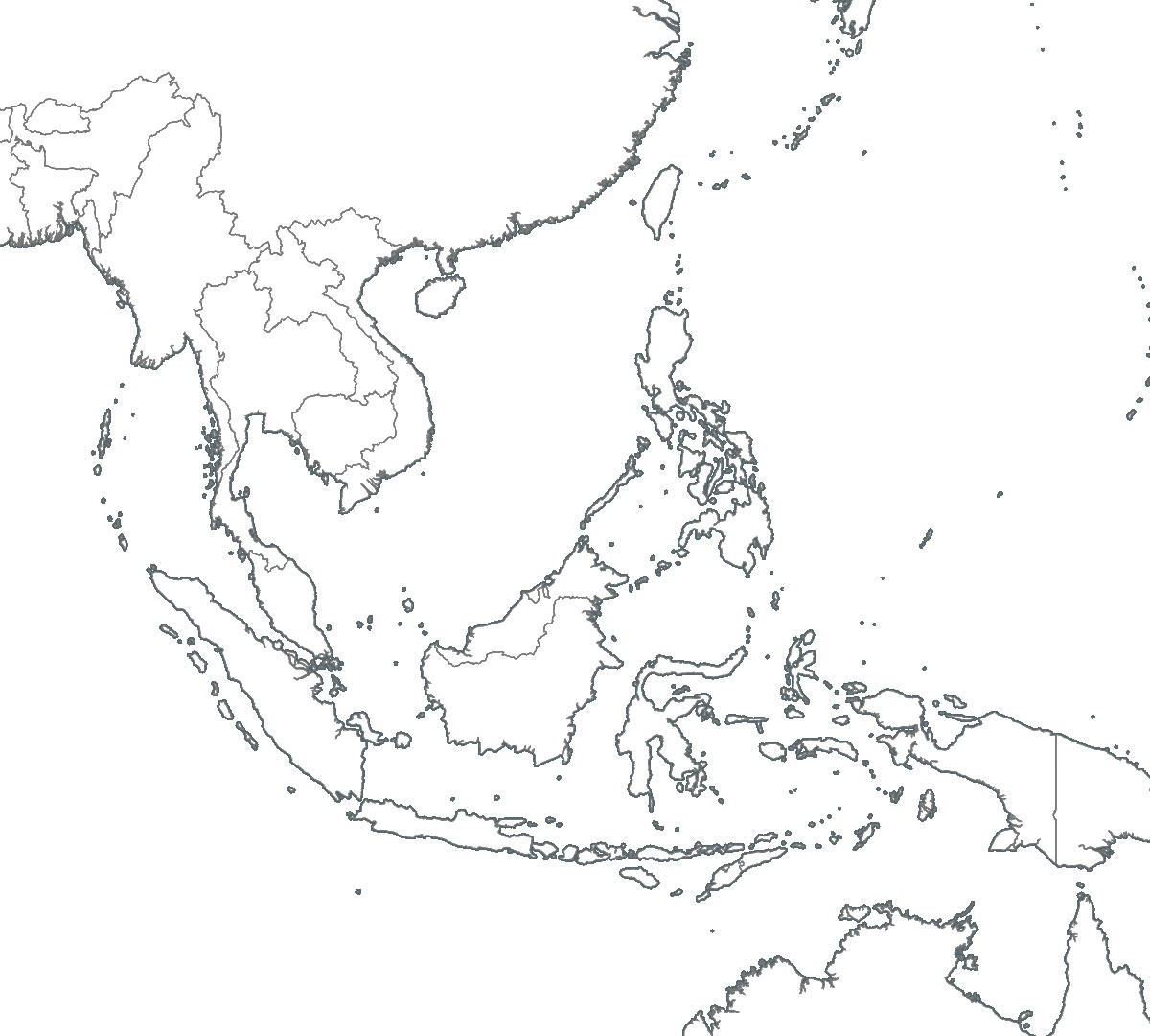 Blank map of Southeast Asian with countries borders and coasts