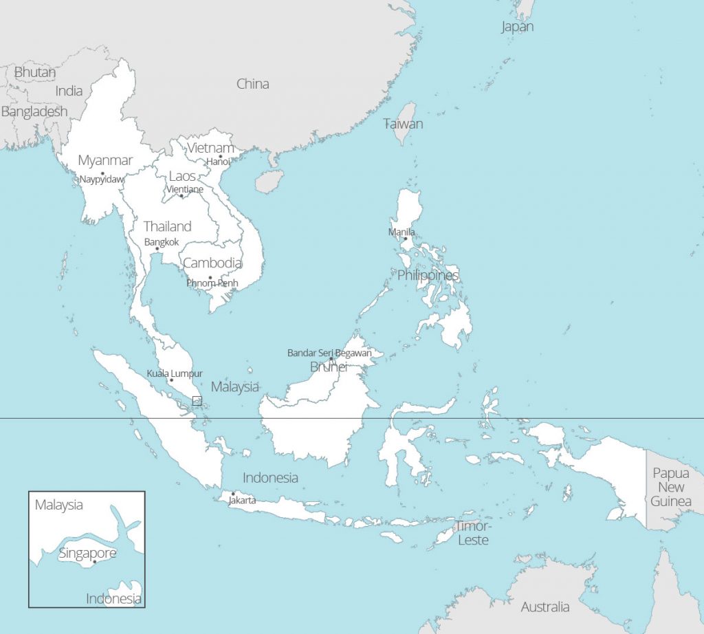 Map of ASEAN countries and capitals - white
